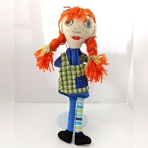 Red Haired Mighty Girl Puppet Braided Pigtails Colorful Striped Stockings Plush